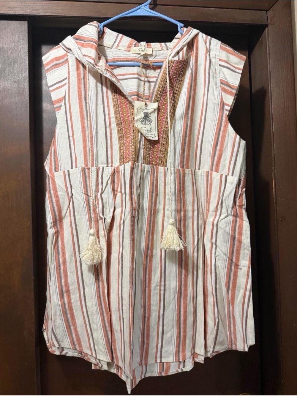 Sleeveless Hooded Striped Tunic in Cream & Rust